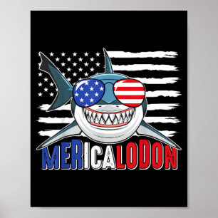 Póster Tiburón Americano Divertido 4 de Julio Megalodon A