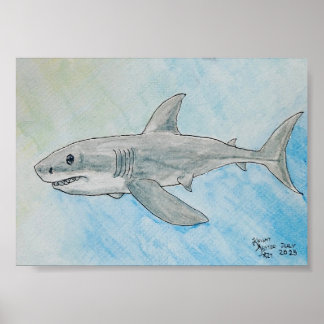 Póster Tiburón Blanco Acuarela