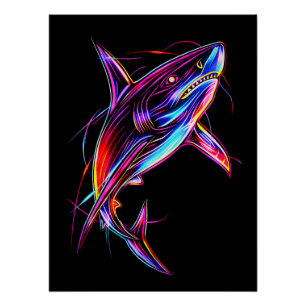 Póster Tiburón neón vibrante océano digital moderno