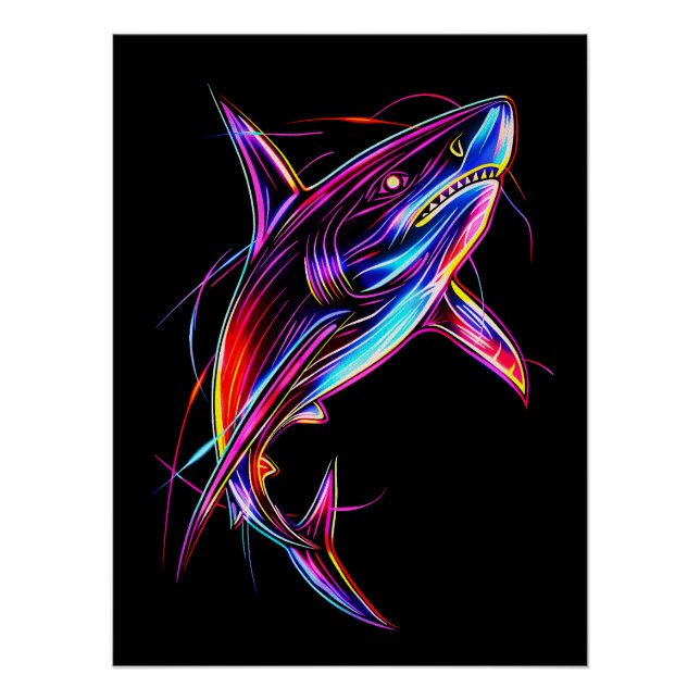 Póster Tiburón neón vibrante océano digital moderno (Anverso)