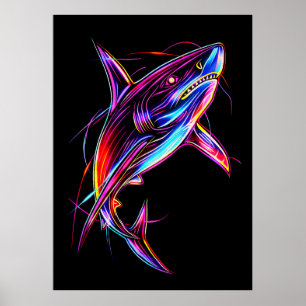 Póster Tiburón neón vibrante océano digital moderno
