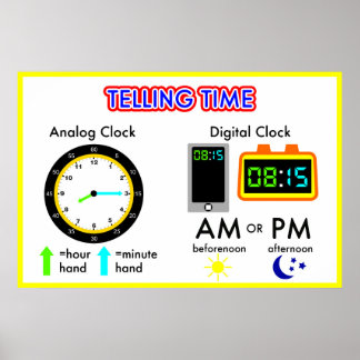 Póster Tiempo de conteo en un reloj analógico y reloj dig