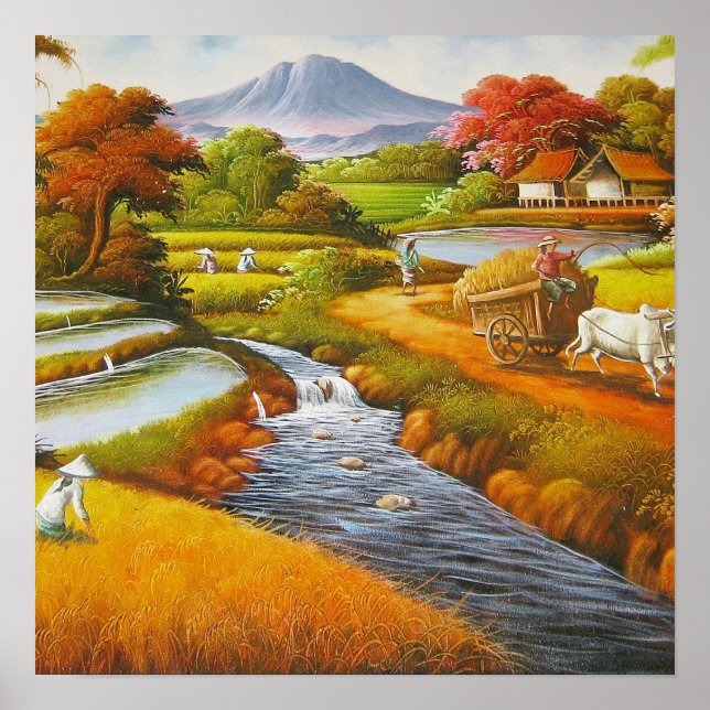 Póster Tiempo de cosecha: Un paisaje rural con una montañ (Frente)