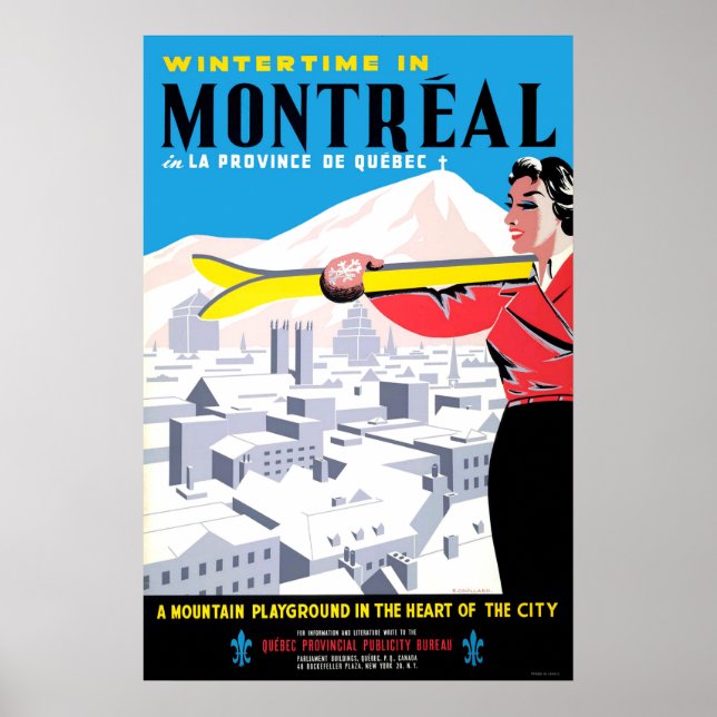 Póster Tiempo de invierno en Montreal, mujer con equipo d (Frente)