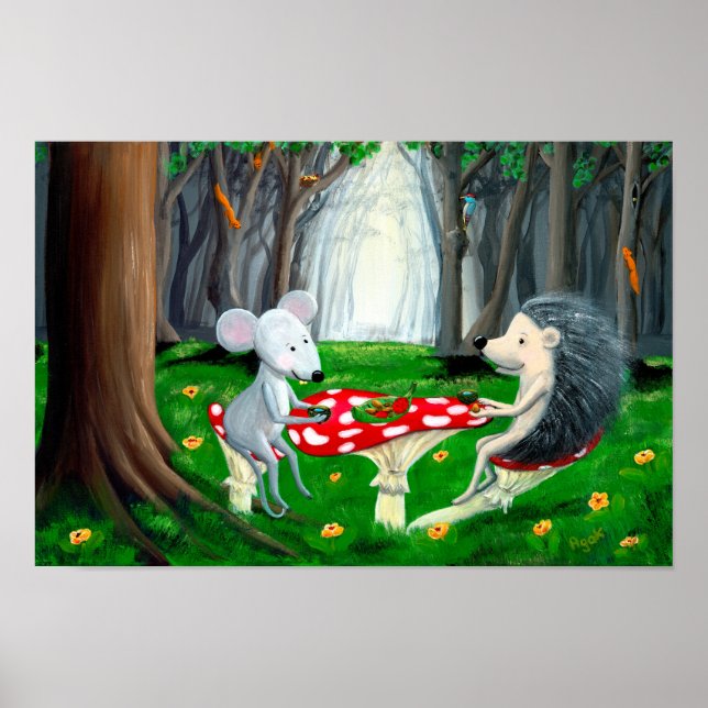 Póster Tiempo de té | Nursery de Woodland | Ratón y edgeh (Frente)