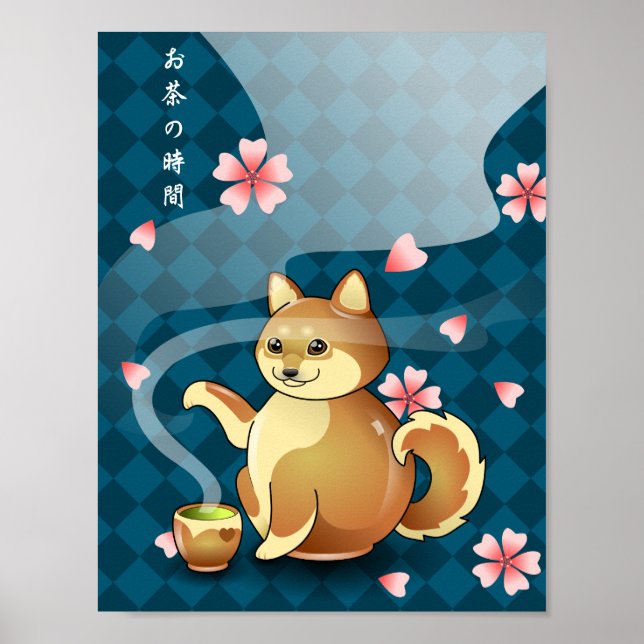 Póster Tiempo de teatralidad Chibi Shiba Inu Teapot Kanji (Frente)