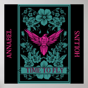 Póster TIEMPO PARA VOLAR - Flores azules y pájaros rosado