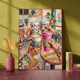 Póster Tienda de Café Colorida Amigos Brindando con Manos