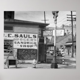 Póster Tienda de comestibles y sándwiches, 1934. Foto ant