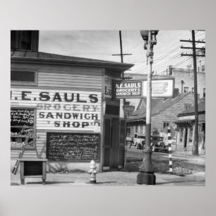 Póster Tienda de comestibles y sándwiches, 1934. Foto ant