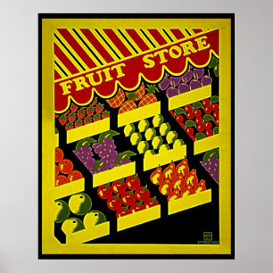Póster Tienda de frutas - Poster WPA amarillo rojo brilla