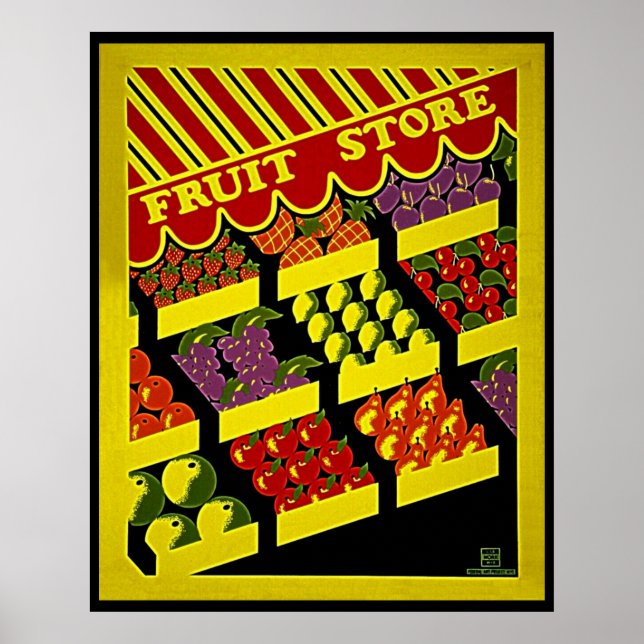 Póster Tienda de frutas - Poster WPA amarillo rojo brilla (Frente)