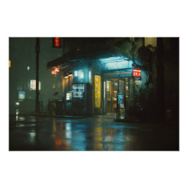 Póster Tienda de la Esquina Japonesa Neon Lluviosa
