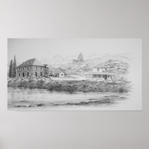 Póster Tienda de la piedra de Kerikeri, iglesia y casa de