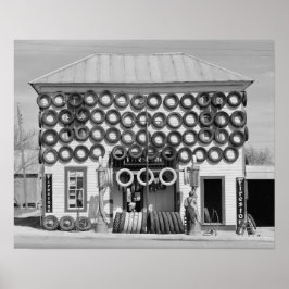 Póster Tienda de neumáticos Firestone, 1940. Foto de cose