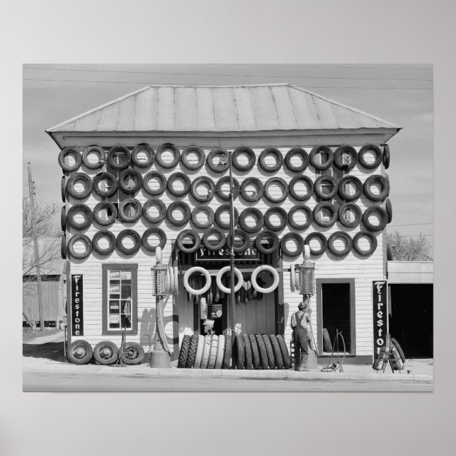 Póster Tienda de neumáticos Firestone, 1940. Foto de cose (Frente)