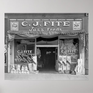 Póster Tienda de piensos de pueblo pequeño, 1936. Foto an