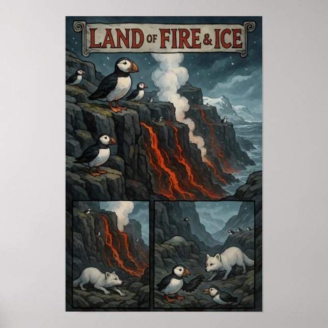 Póster Tierra de fuego y hielo - Puffins, Lava y Fox Árti (Frente)