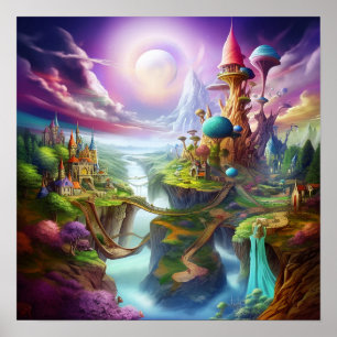 Póster Tierra encantada de fantasía colorida mágica y cap