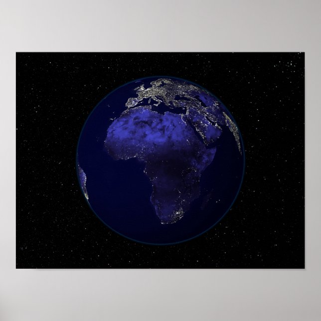 Póster Tierra llena en la noche mostrando a África y Euro (Frente)