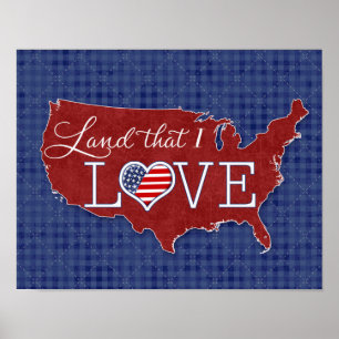 Póster Tierra que AMO - corazón y bandera de EE. UU.