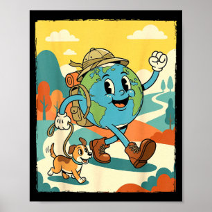 Póster tierra sonriente caminata con perro retro caricatu