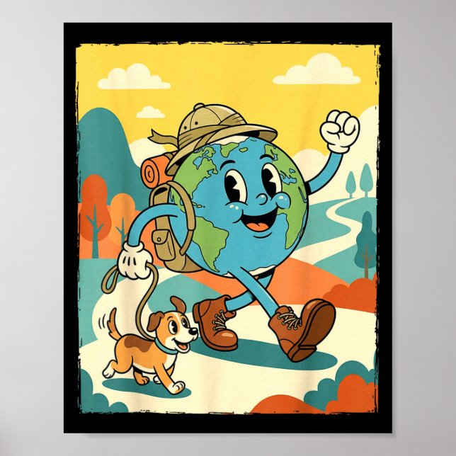 Póster tierra sonriente caminata con perro retro caricatu (Frente)