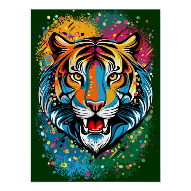 Póster Tiger Head Rainbow colors paint stains (Anverso)