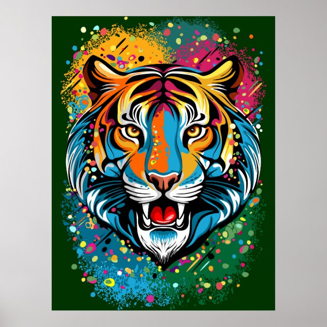Póster Tiger Head Rainbow colors paint stains (Frente)