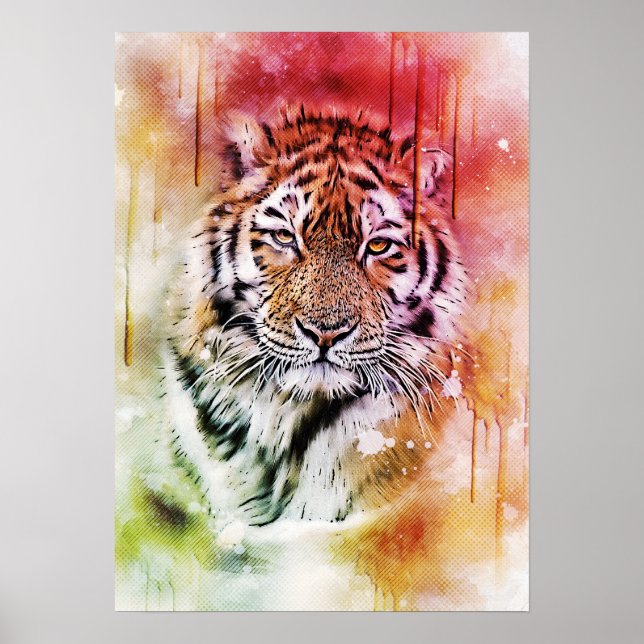 Póster Tiger Portrait Face Watercolor Graphic Art (Frente)