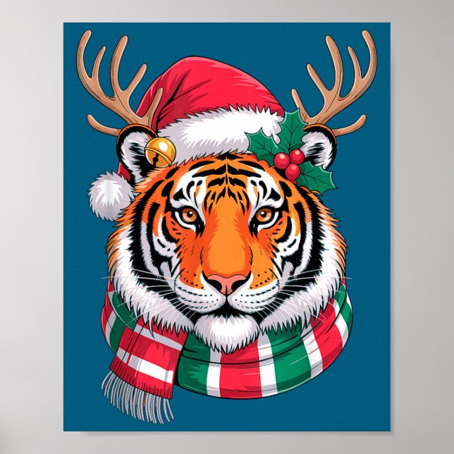 Póster Tiger Reindeer Christmas Santa Hat Tiger Xmas  (Frente)