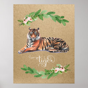 Póster Tiger safari pink floral nursery print