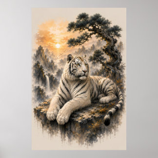Póster Tigre Blanco Bajo Pino Antiguo | Tinta China