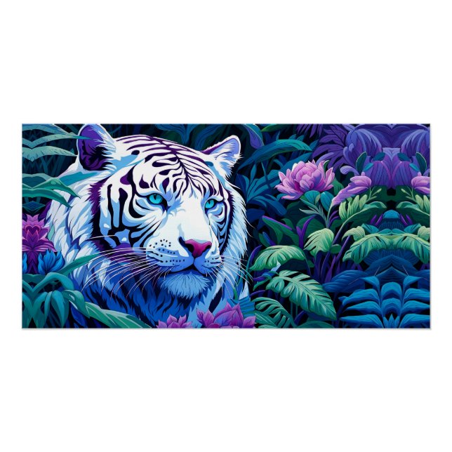 Póster Tigre blanco con flores moradas (Anverso)