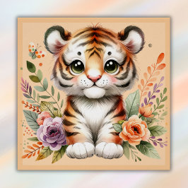 Póster Tigre blanco con flores para los niños |