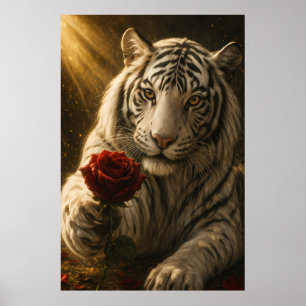 Póster Tigre Blanco con rosa roja bajo la luz de la luna