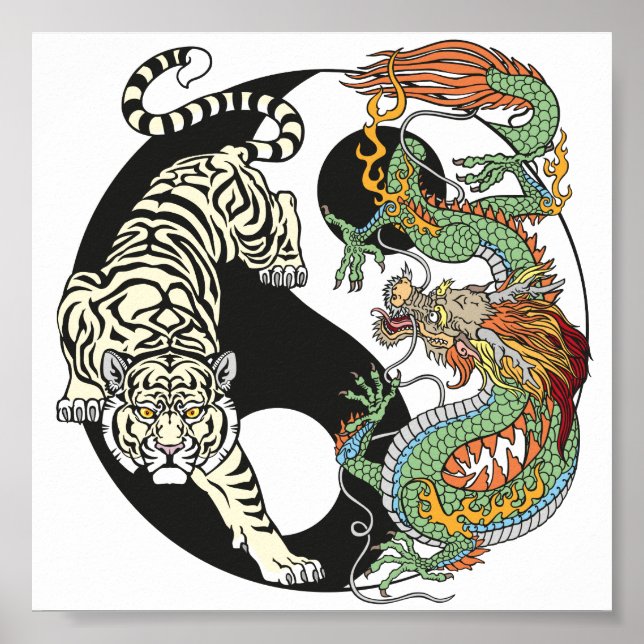 Póster Tigre blanco contra dragón verde en Yin yang (Frente)
