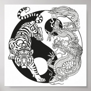 Póster Tigre blanco contra dragón verde en Yin yang po