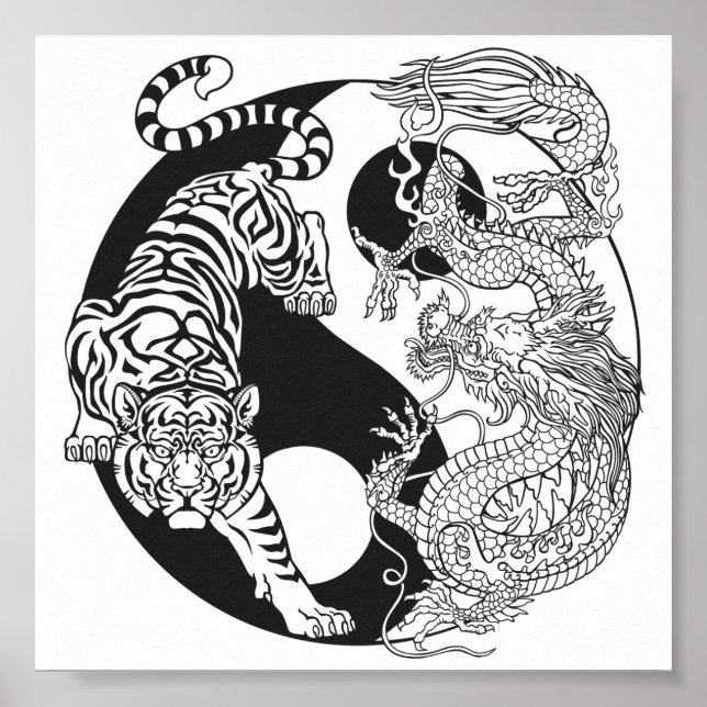 Póster Tigre blanco contra dragón verde en Yin yang po (Frente)