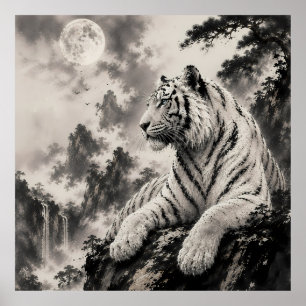 Póster Tigre Blanco Descansando en Acantilado Tinta Tra