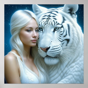Póster Tigre blanco místico y mujer