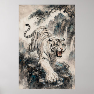 Póster Tigre Blanco Rugiendo en Acantilado de Montaña | C