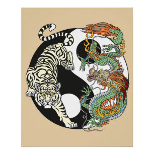 Póster Tigre blanco versus dragón verde en Yin yang p