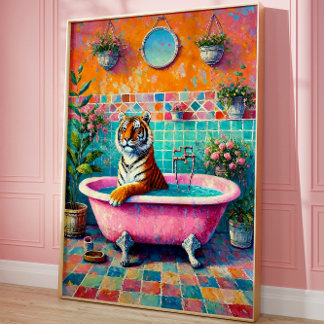 Póster Tigre caprichoso en el baño rosado Boho Bathroom A
