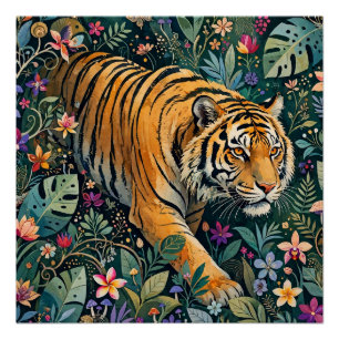Póster Tigre con ojos ámbar, follaje de jungla de fantasí