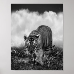 Póster Tigre de bebé que acecha en blanco y negro