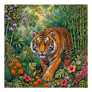 Póster Tigre de Bengala Jungla de Bambú Vibrante