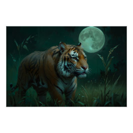 Póster Tigre de caza y luna llena