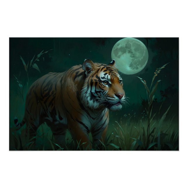 Póster Tigre de caza y luna llena (Anverso)
