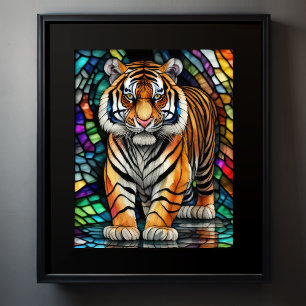 Póster Tigre de estilo de vidrio manchado de color de agu